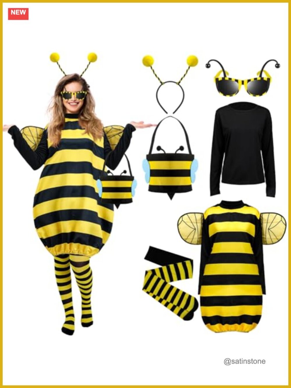 Bee Costume Set Women Halloween Adult Cosplay Wings Antenna Tights Long Sleeve